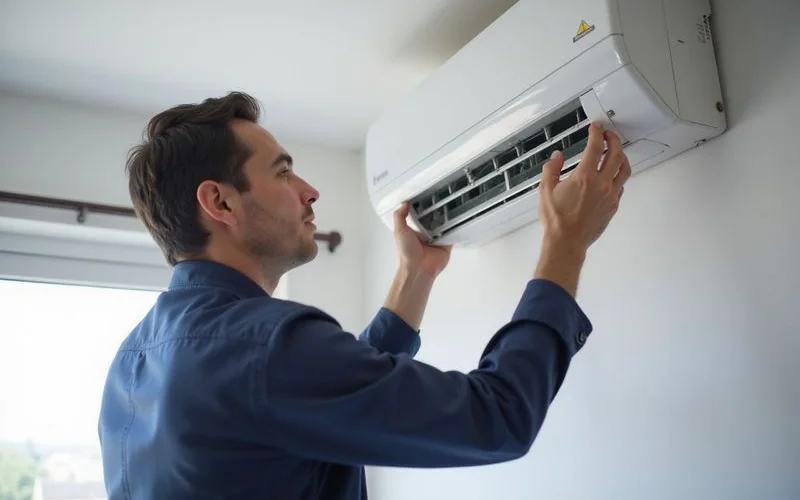 An air conditioning technician in a blue uniform inspecting a wall-mounted split unit inside a Petaling Jaya condominium apartment with city skyline visible through the window